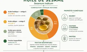 L'huile de sésame, riche en acides gras et antioxydants, nourrit, soutient la barrière cutanée et protège. Ses bienfaits sont multiples.