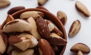 Un bol rempli de noix du Brésil. Attention, une consommation excessive de noix du Brésil peut présenter un danger en raison de leur teneur en sélénium.