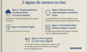 Cinq signes de carence en zinc : fatigue, immunité fragile, moral bas, cicatrisation lente, perte d'appétit. Le manque de zinc affecte l'énergie.