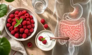 Framboises et yaourt pour une bonne digestion le soir. Le système digestif est représenté en rouge.