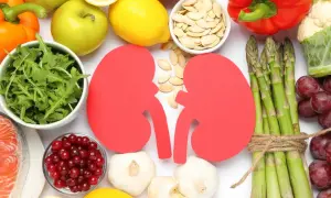 Des aliments sains entourent des reins en papier rouge. La question "le thé est-il mauvais pour les reins ?" est posée.