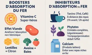 Boosters et inhibiteurs d'absorption du fer : Vitamine C, viande, lentilles, avoine, baies aident, tandis que tanins, phytates et calcium peuvent nuire à l'absorption du fer héminique.