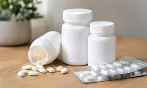 Bouteilles et blisters de pilules blanches sur une table en bois. Le coenzyme Q10 peut aider à gérer l'arthrose.