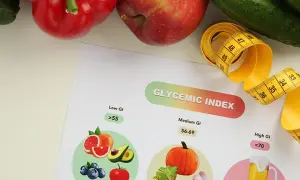 Tableau sur l'index glycémique des aliments, avec des fruits et légumes. Un mètre ruban jaune symbolise la mesure.