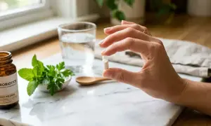 Main tenant une pilule, une main est près d'un verre d'eau, d'une bouteille de probiotiques et de menthe. Le **Lactobacillus gasseri** est souvent utilisé, mais il faut être conscient de tout **danger**.