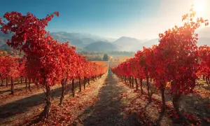 Vigne rouge en automne, un spectacle saisissant. L'effet est immédiat, une explosion de couleurs flamboyantes sous le soleil.
