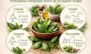 Feuilles de laurier : découvrez les bienfaits des composés comme le cinéole, l'eugénol, le linalol et les flavonoïdes pour la santé.
