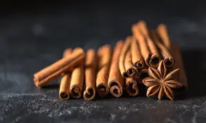 Bâtonnets de cannelle et anis étoilé sur fond sombre, évoquant des saveurs chaudes et réconfortantes, parfaites avec du miel.