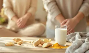 Verre de kéfir, gingembre, curcuma et miel, ingrédients naturels pour soulager l'arthrose.