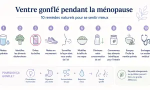 Infographie sur le ventre gonflé pendant la ménopause, proposant 10 remèdes naturels, dont l'huile de menthe poivrée pour soulager le ventre gonflé.