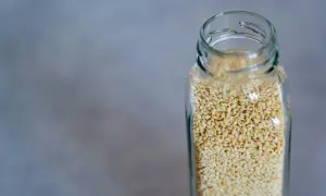 Bain de bouche huile de sésame : un bocal en verre rempli de graines de sésame claires sur fond gris.