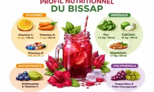 Profil nutritionnel du bissap : une boisson rafraîchissante riche en vitamines, minéraux et antioxydants, comme la vitamine C et les anthocyanes.