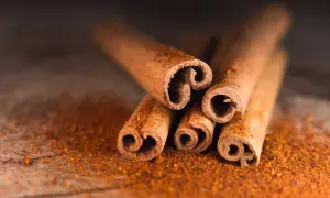 Bâtonnets de cannelle de Ceylan, saupoudrés de poudre. Attention aux dangers de la cannelle de Ceylan si consommée en excès.