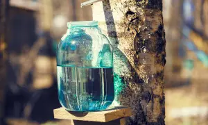 Bocal de verre rempli de jus de bouleau, récolté directement de l'arbre. Découvrez les jus de bouleau bienfaits pour la santé.