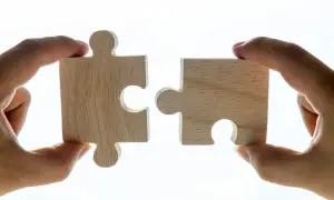 Deux pièces de puzzle en bois, tenues par des mains, symbolisent l'union parfaite de la vitamine D et du magnésium en même temps.