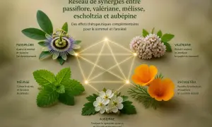 Fleurs de passiflore, valériane, mélisse, escholtzia et aubépine en synergie. La valériane et ses bienfaits pour le cerveau, le sommeil et l'anxiété.