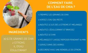 Verre de **graine de chia dans l'eau** avec des fruits rouges et une cuillère remplie de graines. Recette pour faire de l'eau de chia.