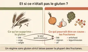 Illustration comparant les aliments à supprimer en cas d'intolérance au gluten (blé, orge, seigle) et ceux qui pourraient être en cause (fructanes : blé, oignon, ail, artichaut, légumineuses).