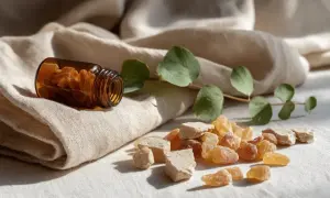 Grains de résine ambrée et morceaux de Boswellia serrata sur un tissu, avec une branche d'eucalyptus. Attention aux contre-indications.