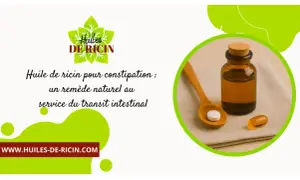 Huile de ricin pour constipation : un remède naturel pour le transit intestinal. Une petite bouteille d'huile et une pilule sur une cuillère.