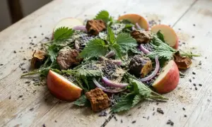 Un mélange de plantes, de morceaux de pommes, d'oignons rouges et de lavande séchée, évoquant un remède naturel contre le type d'allergie saisonnière.
