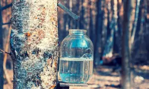 Bocal en verre rempli d'eau de bouleau, collectée sur un tronc d'arbre dans une forêt.