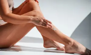 Une femme applique de la crème sur ses jambes fatiguées, leur offrant un moment de douceur et de réconfort.