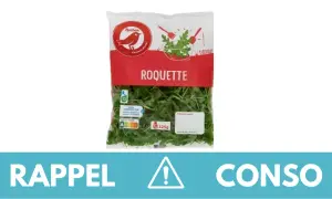 Sachet de roquette Auchan, 125g. La roquette est appréciée pour ses bienfaits nutritionnels et son goût poivré. Rappel conso.