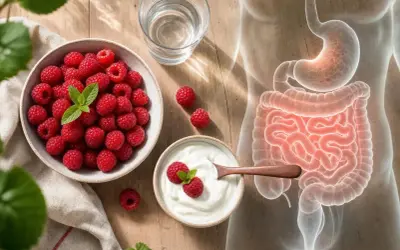 Framboises et yaourt pour une bonne digestion le soir. Le système digestif est représenté en rouge.