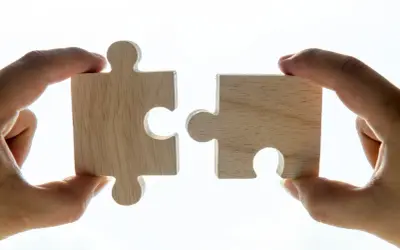 Deux pièces de puzzle en bois, tenues par des mains, symbolisent l'union parfaite de la vitamine D et du magnésium en même temps.
