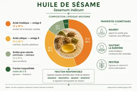 L'huile de sésame, riche en acides gras et antioxydants, nourrit, soutient la barrière cutanée et protège. Ses bienfaits sont multiples.