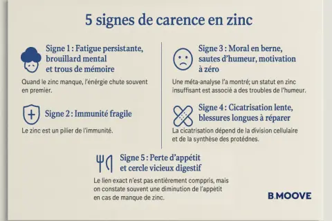 Cinq signes de carence en zinc : fatigue, immunité fragile, moral bas, cicatrisation lente, perte d'appétit. Le manque de zinc affecte l'énergie.