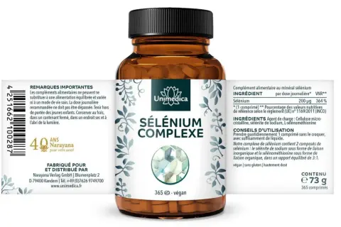 Flacon de sélénium complexe Unimedica. Conseils d'utilisation : prendre 1 comprimé quotidiennement avec du liquide.