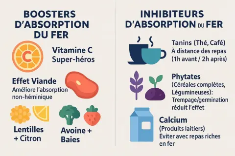 Boosters et inhibiteurs d'absorption du fer : Vitamine C, viande, lentilles, avoine, baies aident, tandis que tanins, phytates et calcium peuvent nuire à l'absorption du fer héminique.