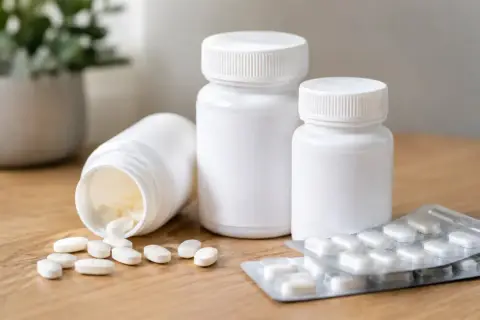 Bouteilles et blisters de pilules blanches sur une table en bois. Le coenzyme Q10 peut aider à gérer l'arthrose.