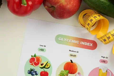 Tableau sur l'index glycémique des aliments, avec des fruits et légumes. Un mètre ruban jaune symbolise la mesure.