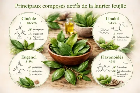 Feuilles de laurier : découvrez les bienfaits des composés comme le cinéole, l'eugénol, le linalol et les flavonoïdes pour la santé.