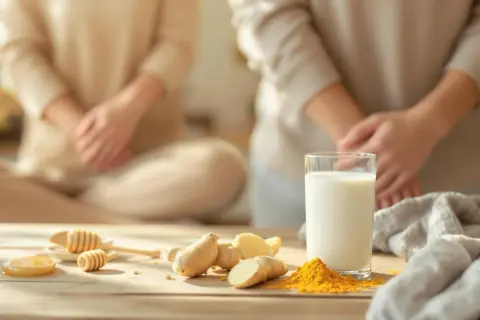 Verre de kéfir, gingembre, curcuma et miel, ingrédients naturels pour soulager l'arthrose.