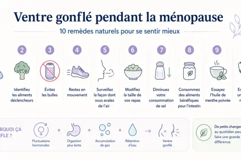Infographie sur le ventre gonflé pendant la ménopause, proposant 10 remèdes naturels, dont l'huile de menthe poivrée pour soulager le ventre gonflé.