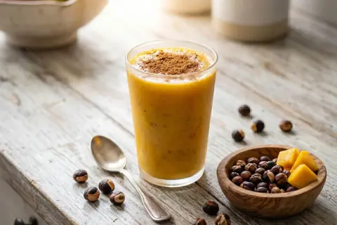 Smoothie orangé saupoudré de cannelle, avec des noisettes et des dés de mangue. Un délice pour profiter du guarana bienfait.