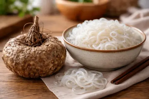 Racine de konjac et nouilles translucides. Le konjac est interdit en France, mais ces nouilles sont populaires ailleurs.