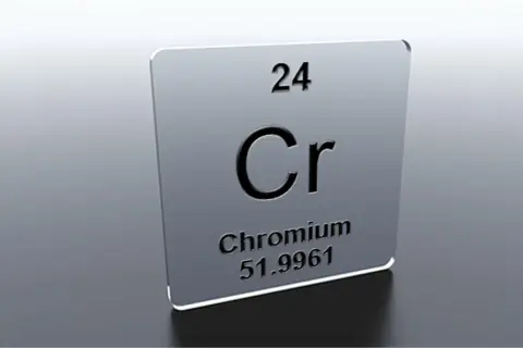 Plaque d'élément chimique du chrome (Cr), numéro atomique 24. Le chrome peut avoir des effets secondaires s'il est mal utilisé.