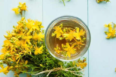 Infusion de millepertuis dans un verre, à côté d'un bouquet de fleurs. Une alternative naturelle à la pilule.