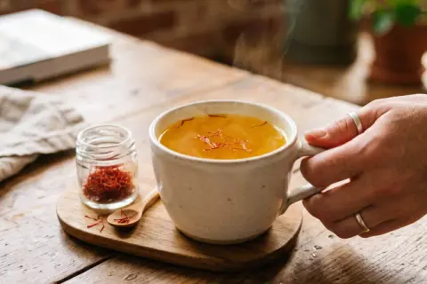 Une tasse de boisson dorée fumante, infusée de safran dose maximale. À côté, un petit pot de pistils rouges et une cuillère en bois.