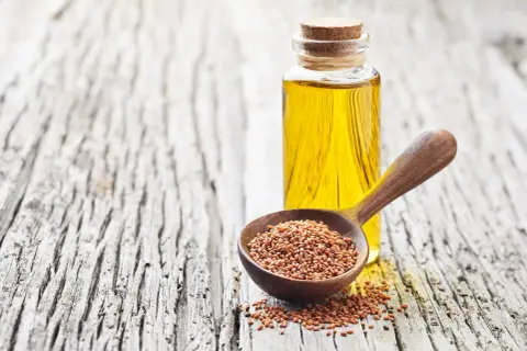 Huile de cameline dorée dans une bouteille, à côté d'une cuillère en bois remplie de graines de cameline. Un remède naturel pour le bien-être des intestins.