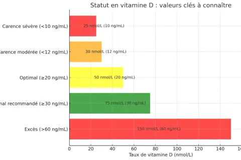 Graphique montrant les niveaux de vitamine D : carence sévère, modérée, optimal, recommandé et excès. Une prise de sang est nécessaire pour connaître son statut.