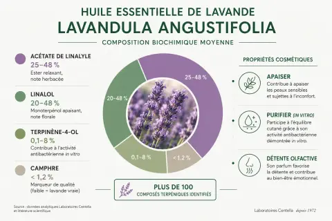 Composition de l'huile essentielle de lavande, ses bienfaits : apaisant, purifiant et détente olfactive. Plus de 100 composés identifiés.