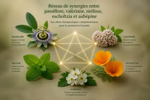 Fleurs de passiflore, valériane, mélisse, escholtzia et aubépine en synergie. La valériane et ses bienfaits pour le cerveau, le sommeil et l'anxiété.