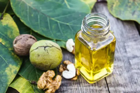 Bouteille d'huile de noix dorée sur des feuilles vertes, entourée de noix entières et décortiquées. Découvrez les bienfaits de l'huile de noix.