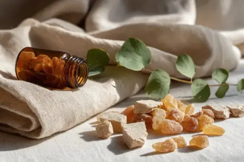 Grains de résine ambrée et morceaux de Boswellia serrata sur un tissu, avec une branche d'eucalyptus. Attention aux contre-indications.